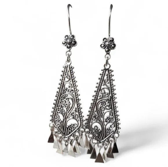 Vintage 925 Sterling Silver Filigree Dangle Earrings Boho Statement Fringe Light - Picture 2 of 8